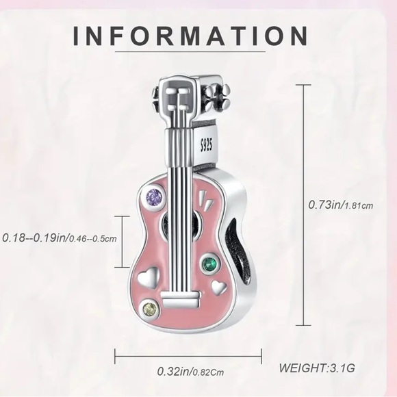 925 Sterling Silver Guitar pink  Charm high quality NWT - Picture 4 of 5